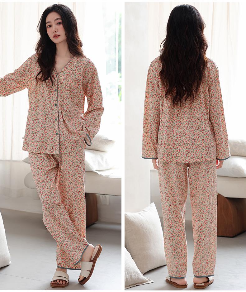 Set de pijama pentru femei cu decolteu în V din bumbac: Cardigan cu mânecă lungă și pantaloni, Mărime mare, Casual și croială largă pentru primăvară și toamnă