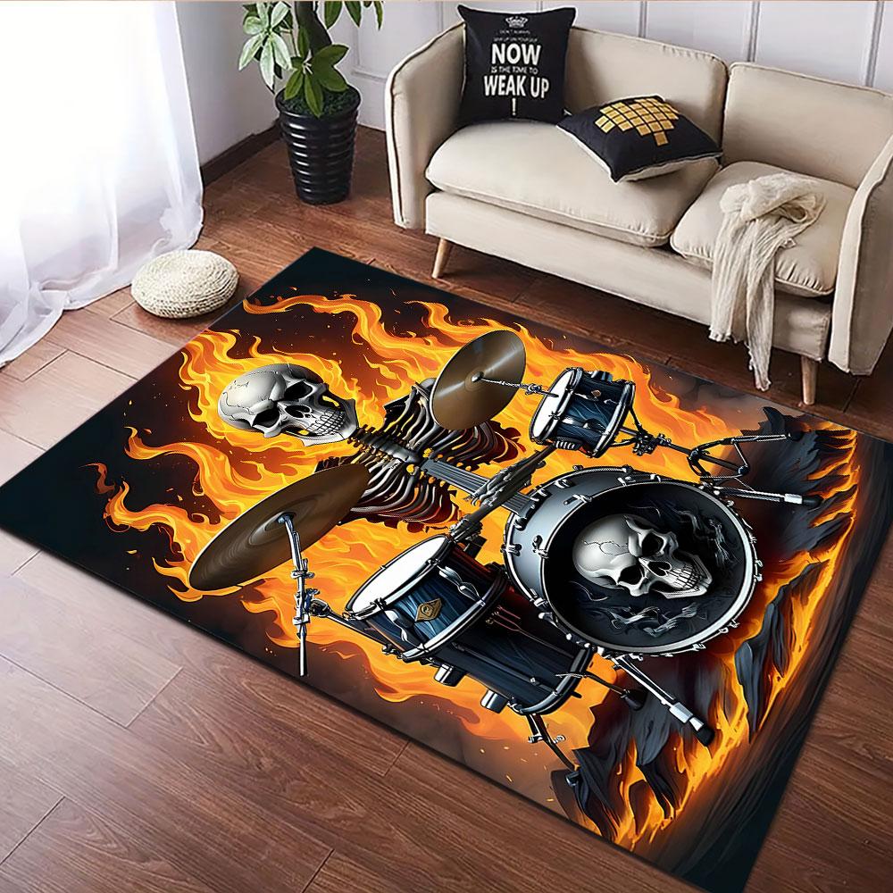 "Skeleton Drummer in Fiery Blaze" Patterned carpet, suitable as a non slip play mat for the living room and bedroom sofa