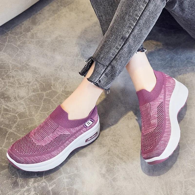 Fashion Sneakers for Women New Spring Mesh Breathable Sport Shoes Fashion Wedge Platform Casual Slip On Ladies Vulcanized Shoes