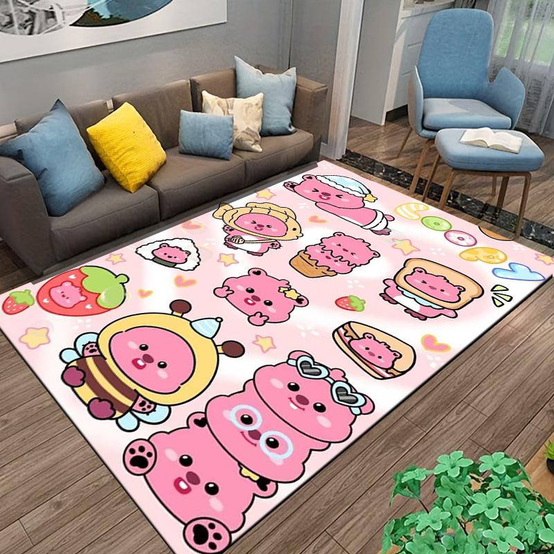 Cute Pink Cartoon Bear Pattern Carpet with Fruits and Dessert Style Suitable for use as an anti-slip for living room bedroom sofas