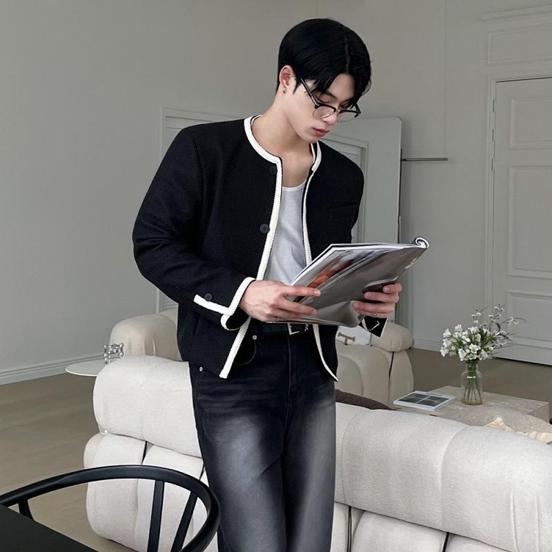 

Короткая куртка с круглым вырезом для мужчин, осенняя свободная куртка в стиле «маленький аромат», модный топ с подплечниками в корейском стиле 2XL чёрный