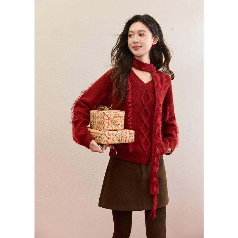 Mìxiù Women's Wine Red Pullover Sweater with Tassel Scarf