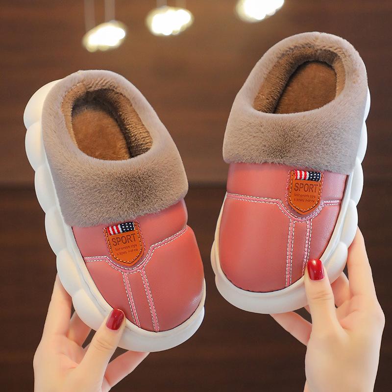 Children's cotton slippers PU leather waterproof soft bottom non-slip piled thickened parent-child adult couple home winter warm