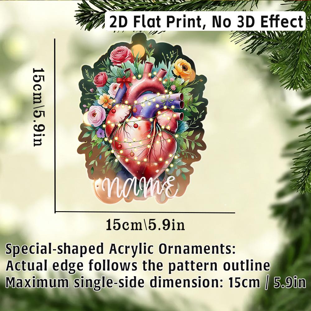 2D Flat Custom Name Irregular Acrylic Ornament,Floral Wrapped Heart Artwork Xmas Tree Hanging Pendant Holiday Gift