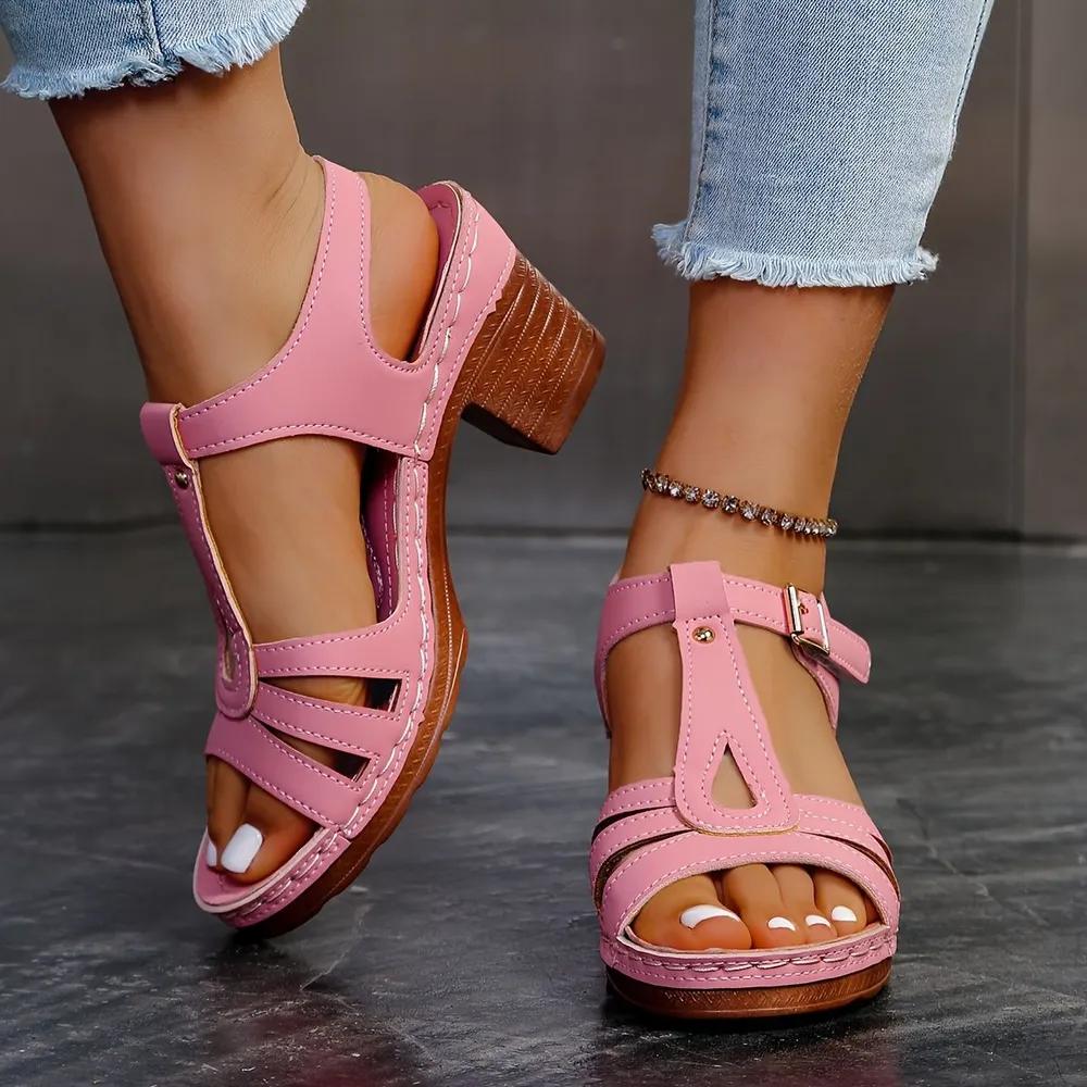 Women High Heels Sandals Light PU Leather Sandals Summer Open Toe Fish Mouth Sandal Fashion Thick Heels Women Platform Sandalias