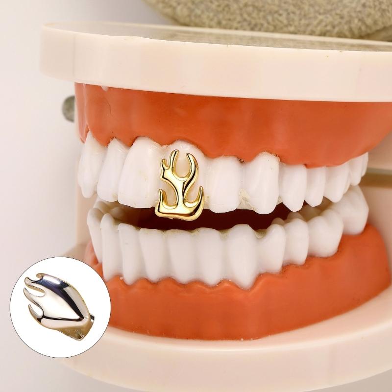 Halloween Vampires Fang Grillzs Flame Textured Gold Tooth Cap Solid Openwork Copper Dental Jewelry for Holiday Party