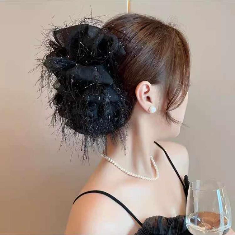 Elegant Mesh Flower Hair Clip in Black for Women Shark Claw for Ponytail Perfect for Celebrations and Days