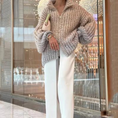Frauen Party Lose Strickjacke Top 2023 Herbst Winter Elegante Kleine Duftenden Wind Bequeme Pailletten V-ausschnitt Langarm Pullover