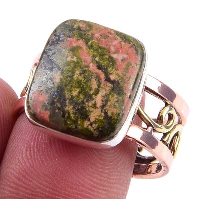 Natural Unakite Gemstone Handmade 925 Sterling Silver Two Tone Ring S.9.5 R3e53