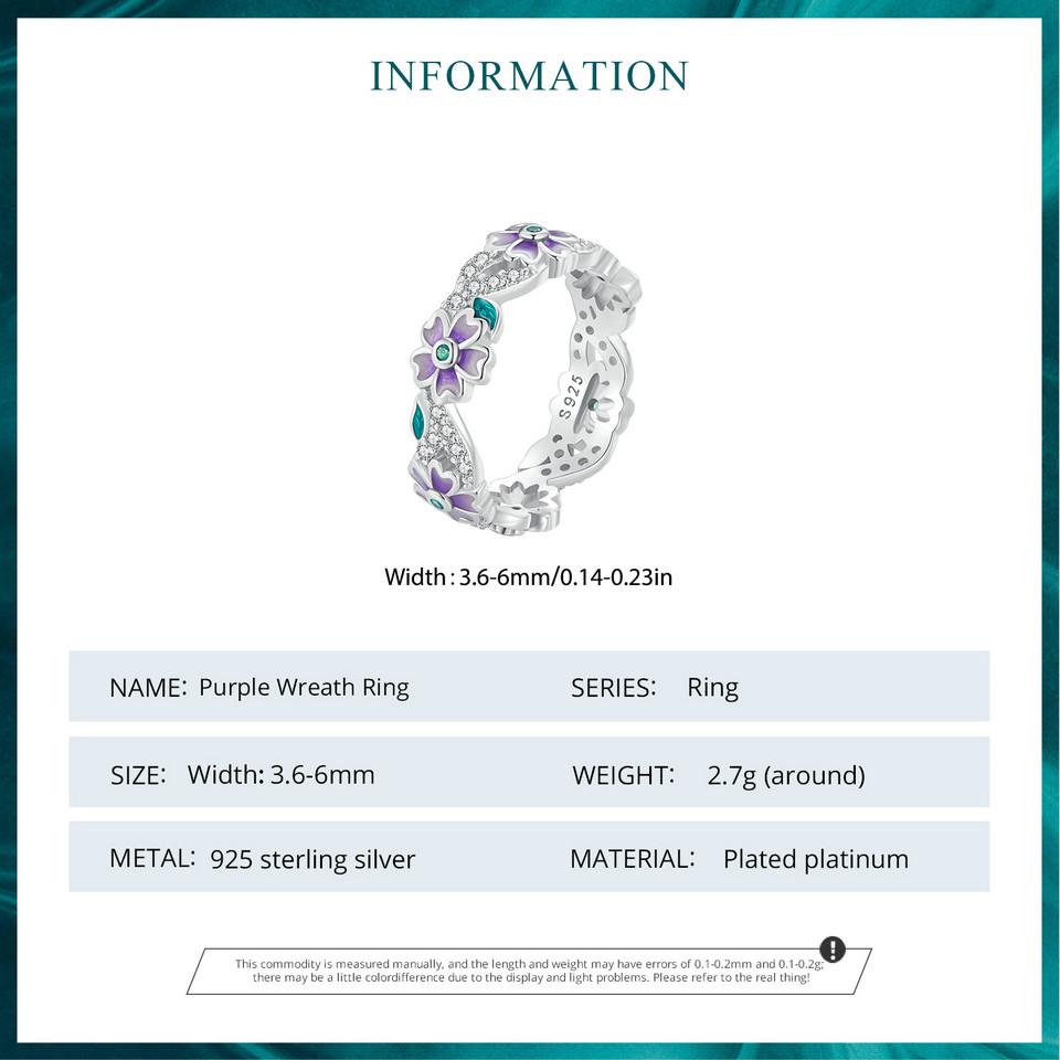 BAMOER 925 Sterling Silver Purple Wreath Ring Flower Finger Ring Original Design Fine Jewelry Gift for Women Party