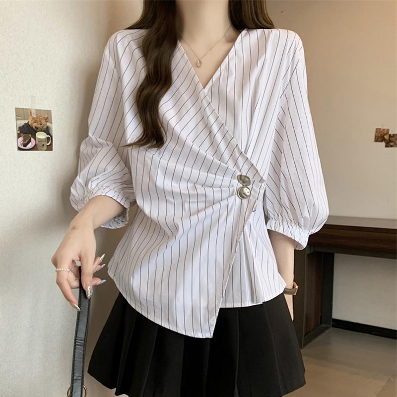 VONDA Women Autumn V-Neck Striped 3/4 Sleeve Button Trim Shirts