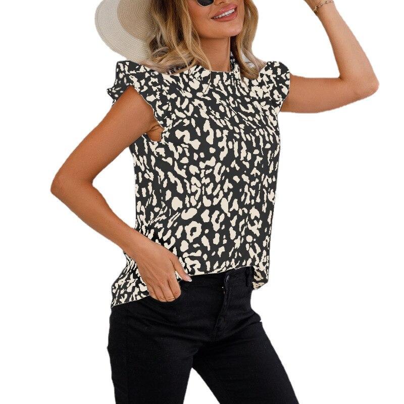 

Модная блузка с леопардовым принтом, женская рубашка, повседневная свободная одежда, топы 2023, синие рубашки с высоким воротником и рукавами-лепестками 24909 XXL чёрный