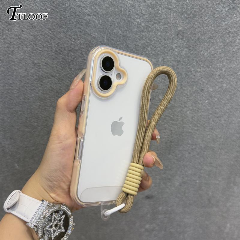 2in1 Clear With Wrist Strap lanyard Phone Case For iPhone 11 12 13 14 15 16 Pro Max Plus Shockproof Bumber Soft TPU Cover