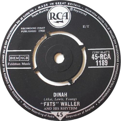 

7inch Record FATS WALLER HIS RHYTHM Dinah When Somebody Thinks Youre 45RCA1189 RCA 1960 UK Jazz Used