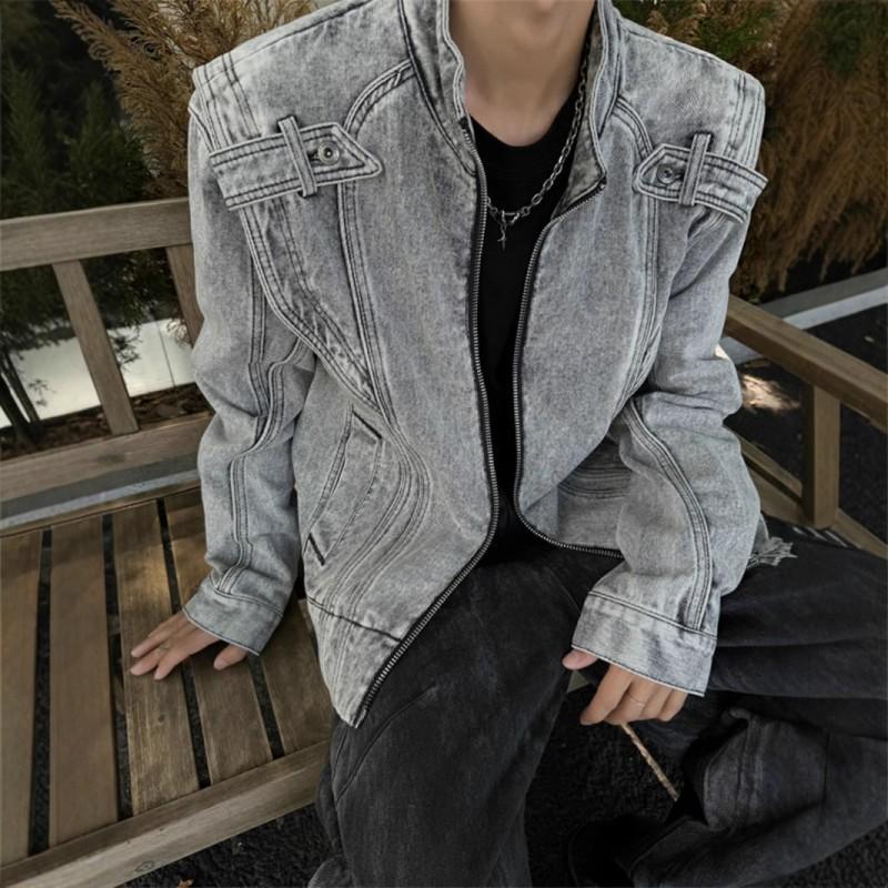 Mens Denim Jacket Heavy Stitching Design Retro Streetwear Loose Fit Stand Collar Casual Outerwear
