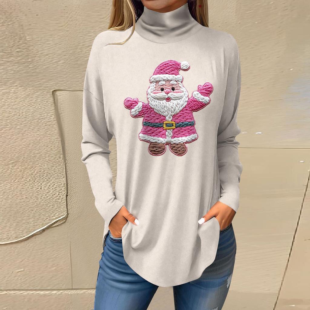 Women's Fashionable Loose-Fit High-Neck T-Shirt With Christmas Print Long-Sleeved Top