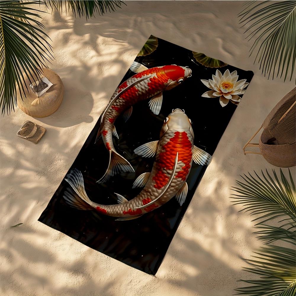 1 Stück Lebendiger Koi-Fischteich Mikrofaser Strandtuch - Weich, Saugfähig, Schnelltrocknend, Sandfest, Perfekt zum Schwimmen, Camping und