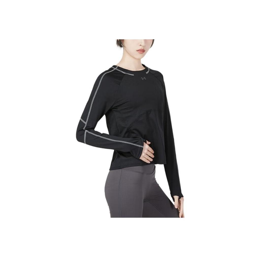 Under Armour Striped Sport Casual Crew Neck Long Sleeve T-Shirt Women Tops Black 1373970-001