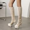 Fashion Summer Sexy Platform Thin High Heels Nightclub Hollow Out The Knee Boots Women Round Toe Lace Mesh Zip Shoes Sandals White Black