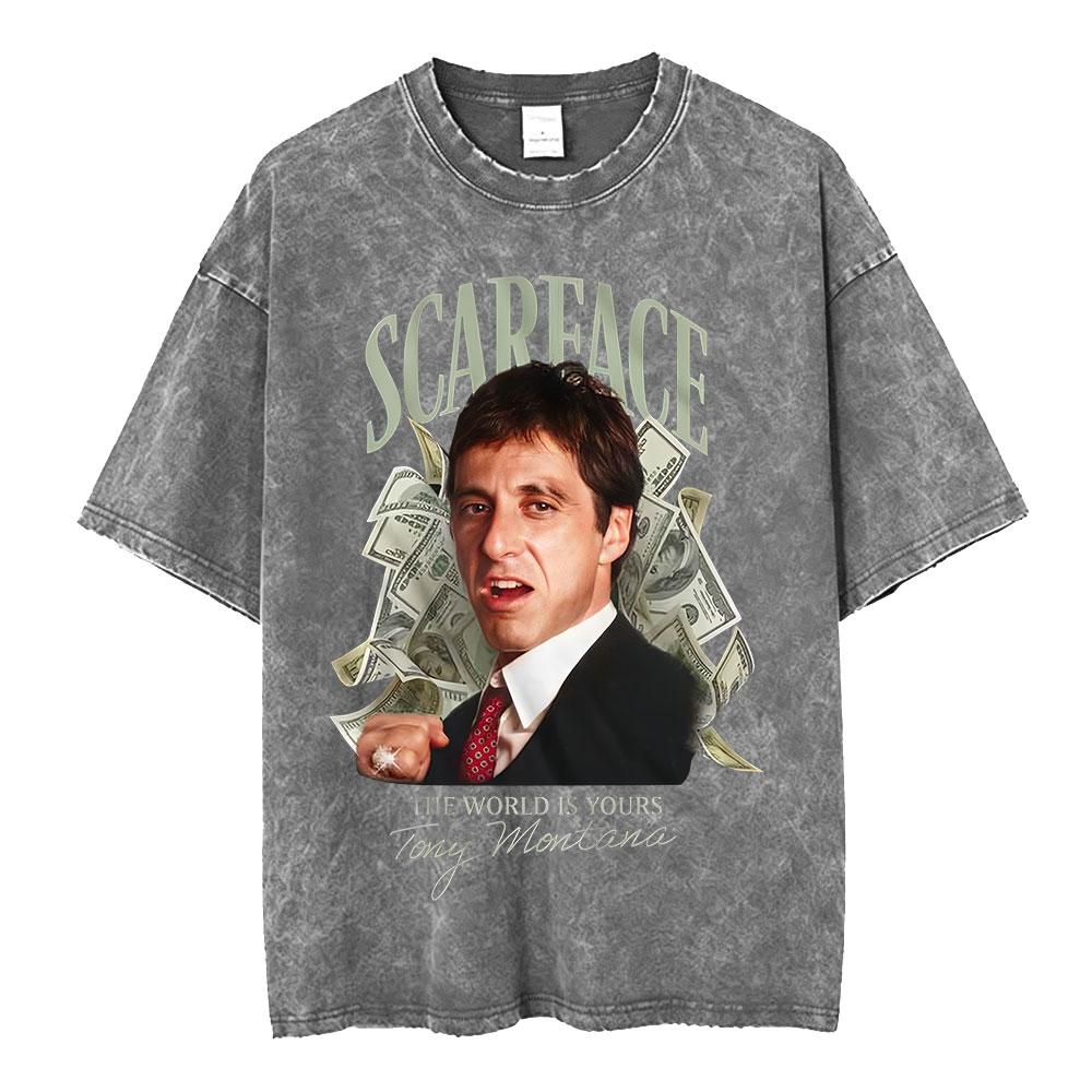 Movie Scarface The World Is Yours Vintage Washed Tshirt Tony Montana Al Pacino Unisex Unisex Clothing Oversized T Shirt Streetwear