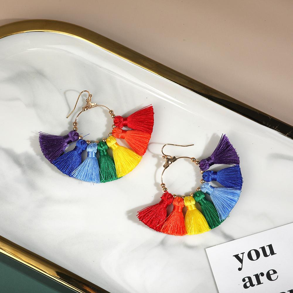 Rainbow ethnic style party earrings handmade fan-shaped colored woven fringed earrings Independence Day earrings