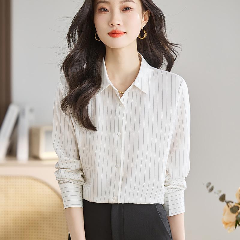 Gray Blue Satin Shirt for Women 2025 Long Sleeve Spring Versatile Hidden Placket Hong Kong Style Draping Commuter Chic Mature Blouse Top