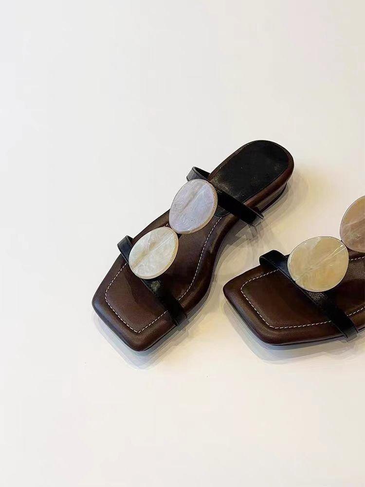 Soft Leather Version~ Niche French One-word Cool Slippers Women's Open-toed Square Head Temperament Roman Shoes Flat Beach Shoes