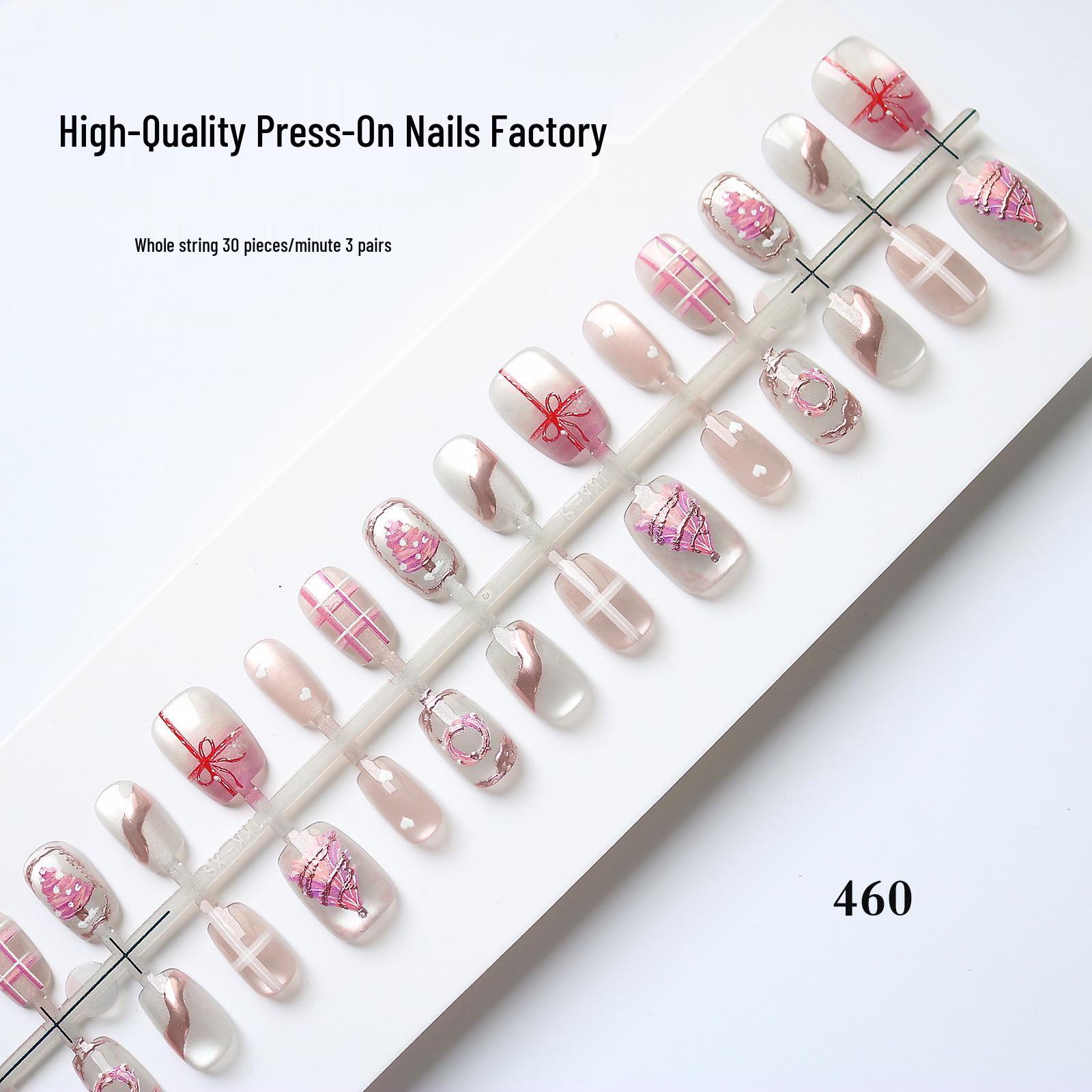 French Cat Eye Press-on Nails with Short Glass Beads - Ice Clear Whitening Christmas Tree Design