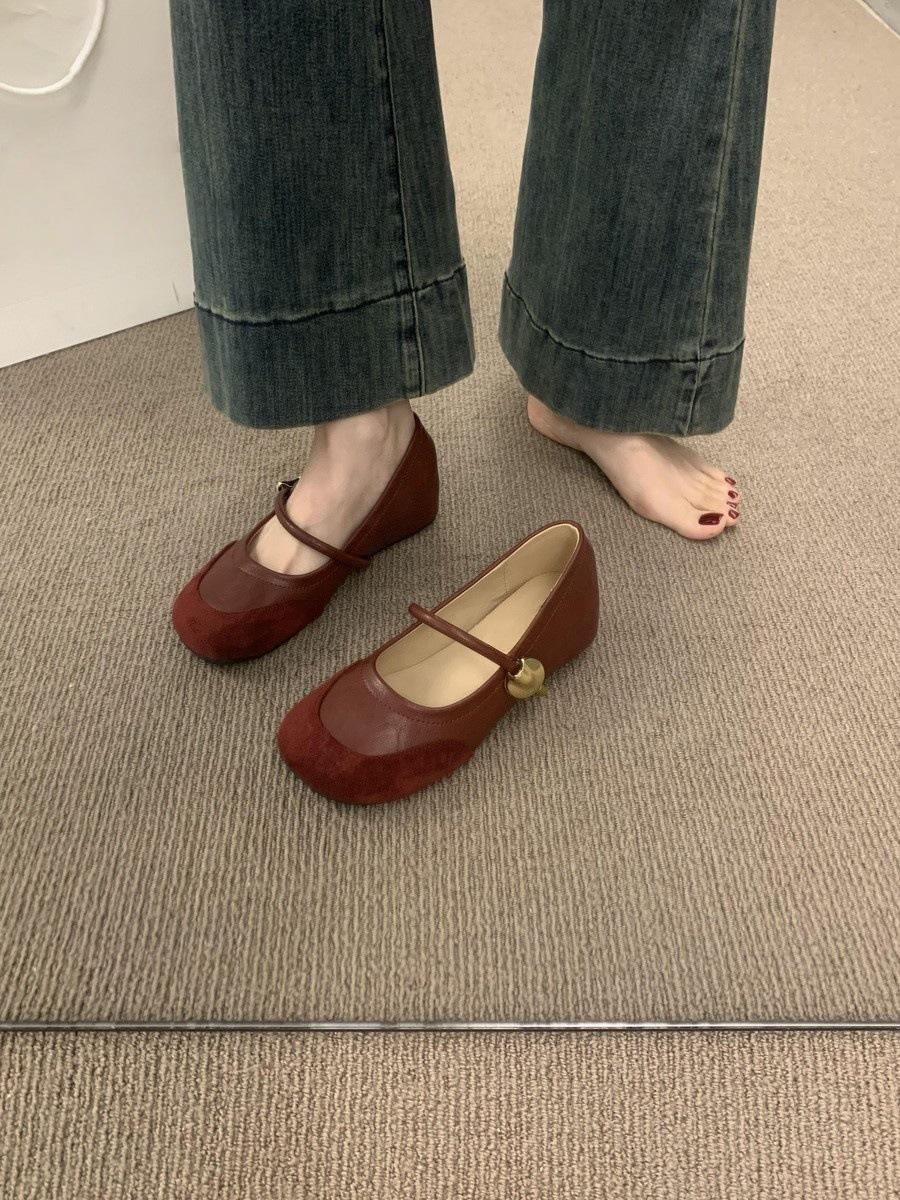 

French gentle wind evening shoes with splicing round head inner height increase Mary Jane ballet shoes pink single shoes women 35 красный