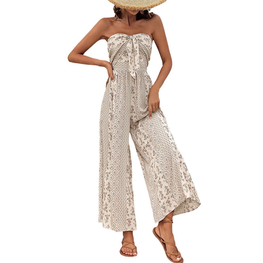 Lässiger, lockerer Damen-Overall zum Binden mit bedrucktem, ärmellosem, trägerlosem Overall und Hose mit weitem Bein