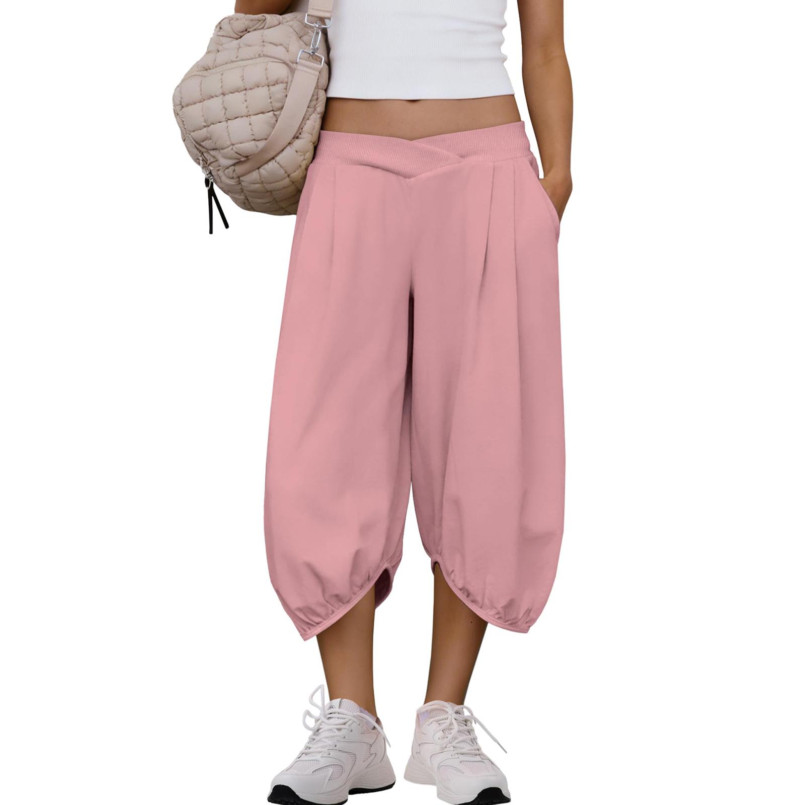 

Women Elastic High Waist 3/4 Pant Casual Fit Wide Capris Leg Pants Trousers With Pockets XXXL розовый