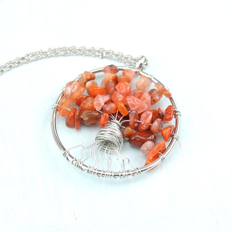 Winding Natural Stone Crystal Tree Of Life Necklace, Colorful Stone Necklace Jewelry N106