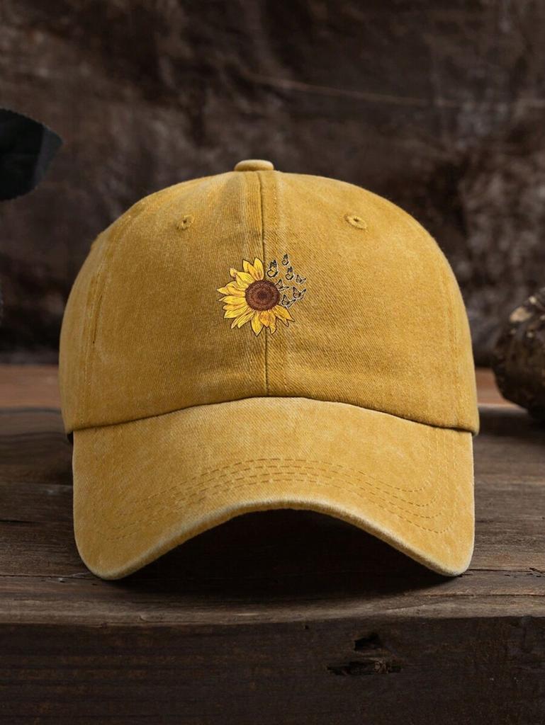 Sunflower Embroidered Denim Baseball Cap For Adults Casual Boho Style