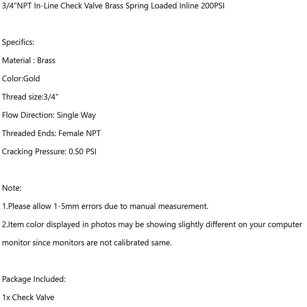 DN20 3/4" NPT In-Line Check Valve Brass Spring Loaded Inline 200PSI