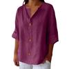 Summer Autumn Loose Casual Women'S V Neck Cotton Linen Button Top, Solid Color Elegant Half Sleeve Office Blouse