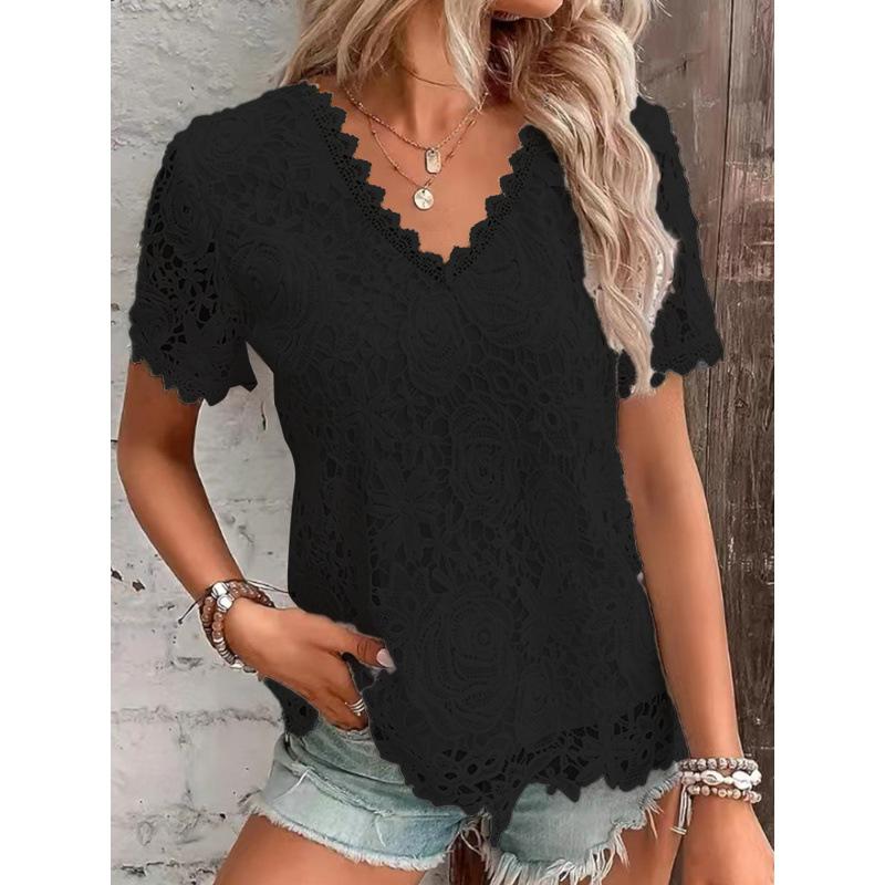 QICED Moda feminina casual cor sólida estampa manga curta blusas e camisas com decote em V