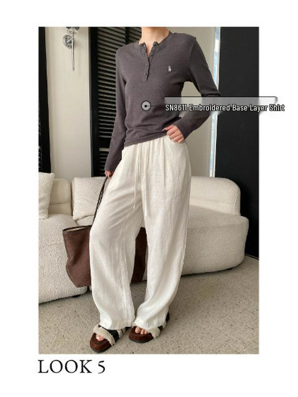 Sinan Tencel Linen Drawstring Wide-Leg Floor-Length Casual Pants SN8668