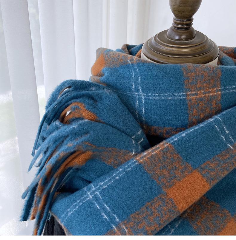 2024 Autumn/Winter Women's Plaid Scarf - Versatile Medium/Long Imitation Cashmere Tassel Shawl