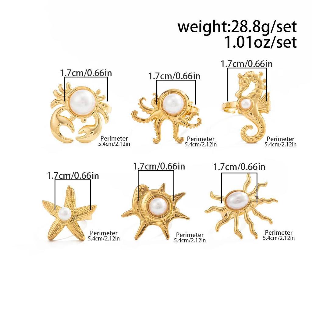 SHIXIN 6Pcs Creative Stainless Steel PVD18K Plated Gold Color Open Rings Women Trendy Imitation Pearl Finger Ring Daily Jewelry