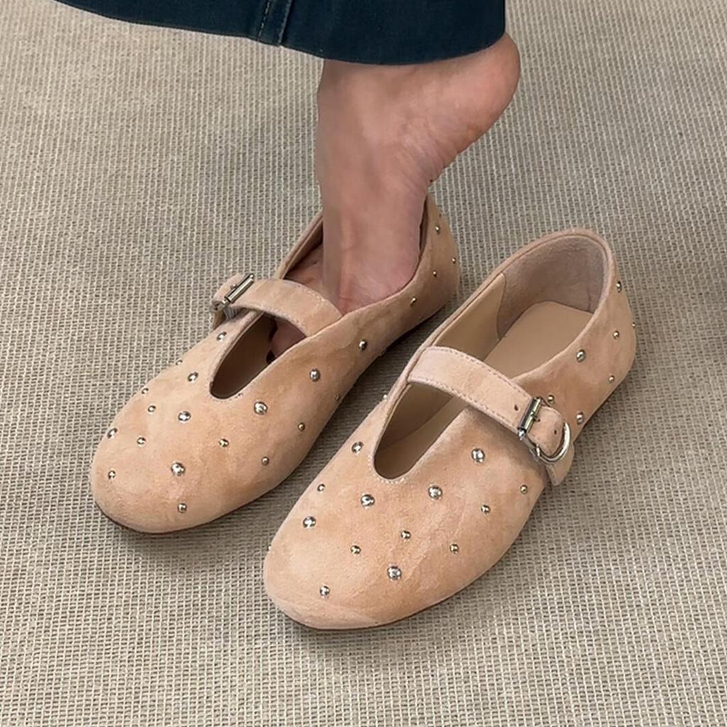 Frosted Leather Shallow Mouth Small Single Shoes Women's Retro Rivet Round Head Mary Jane Shoes Flat Comfortable Grandma Shoes