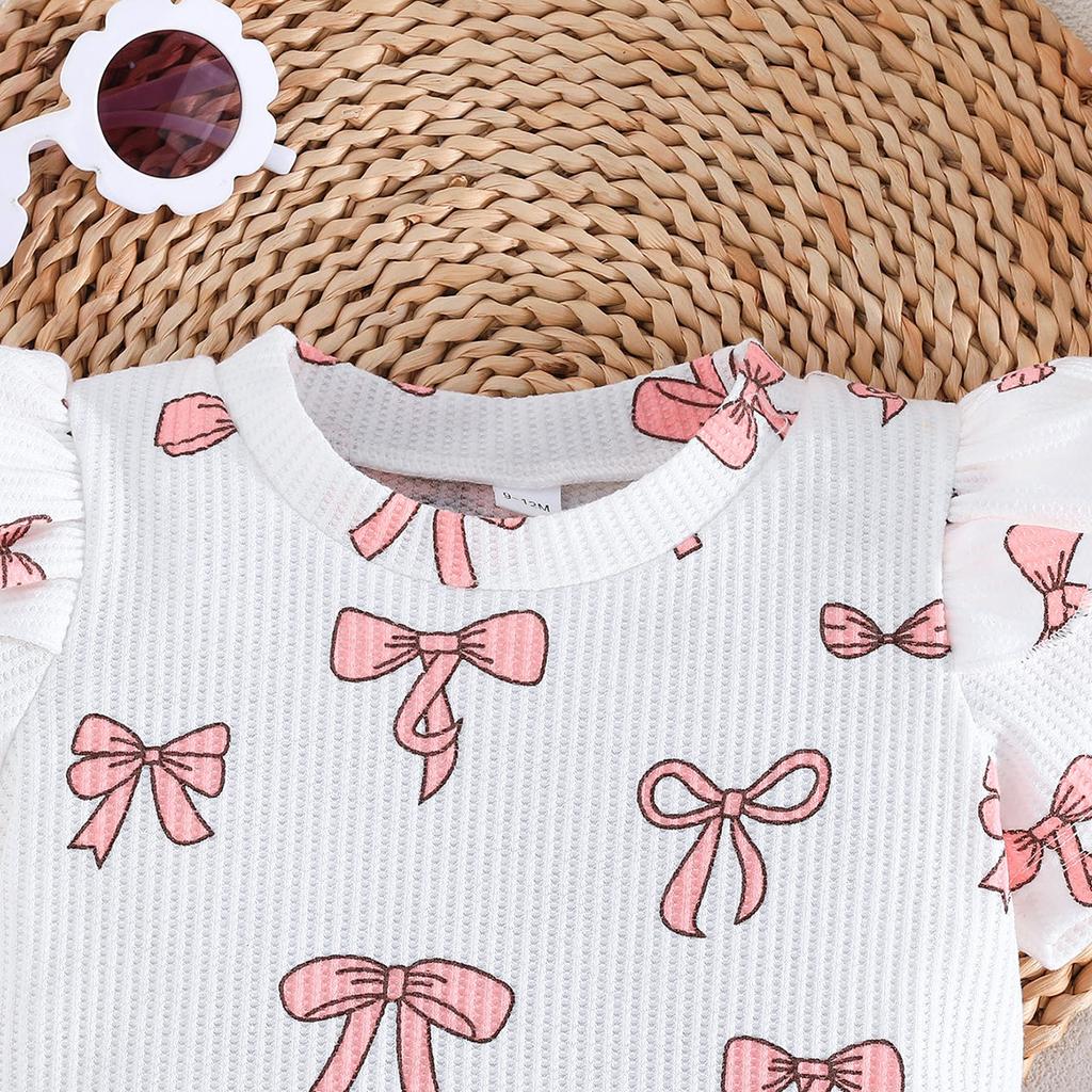 Girls' Short-sleeved Top + Shorts Set Bow Print Summer Fashion Two-piece Set