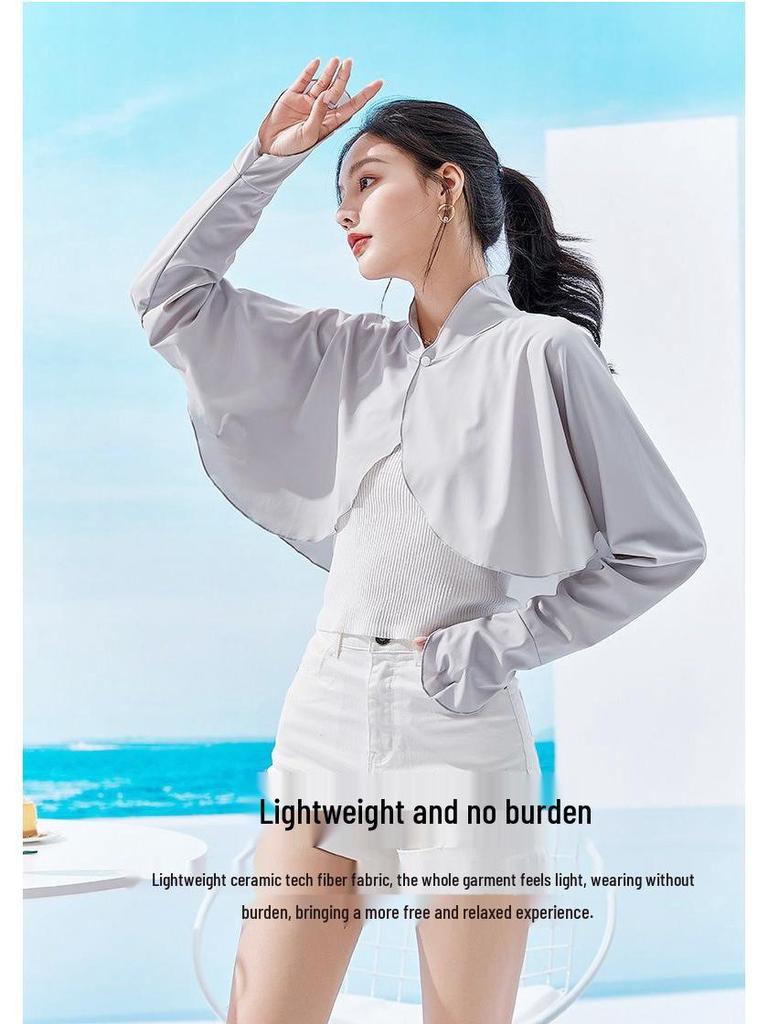 Ice Silk Women's Stand-Collar Sun Protection Shawl with UV Arm Sleeves for Summer Driving & Outdoor Cycling