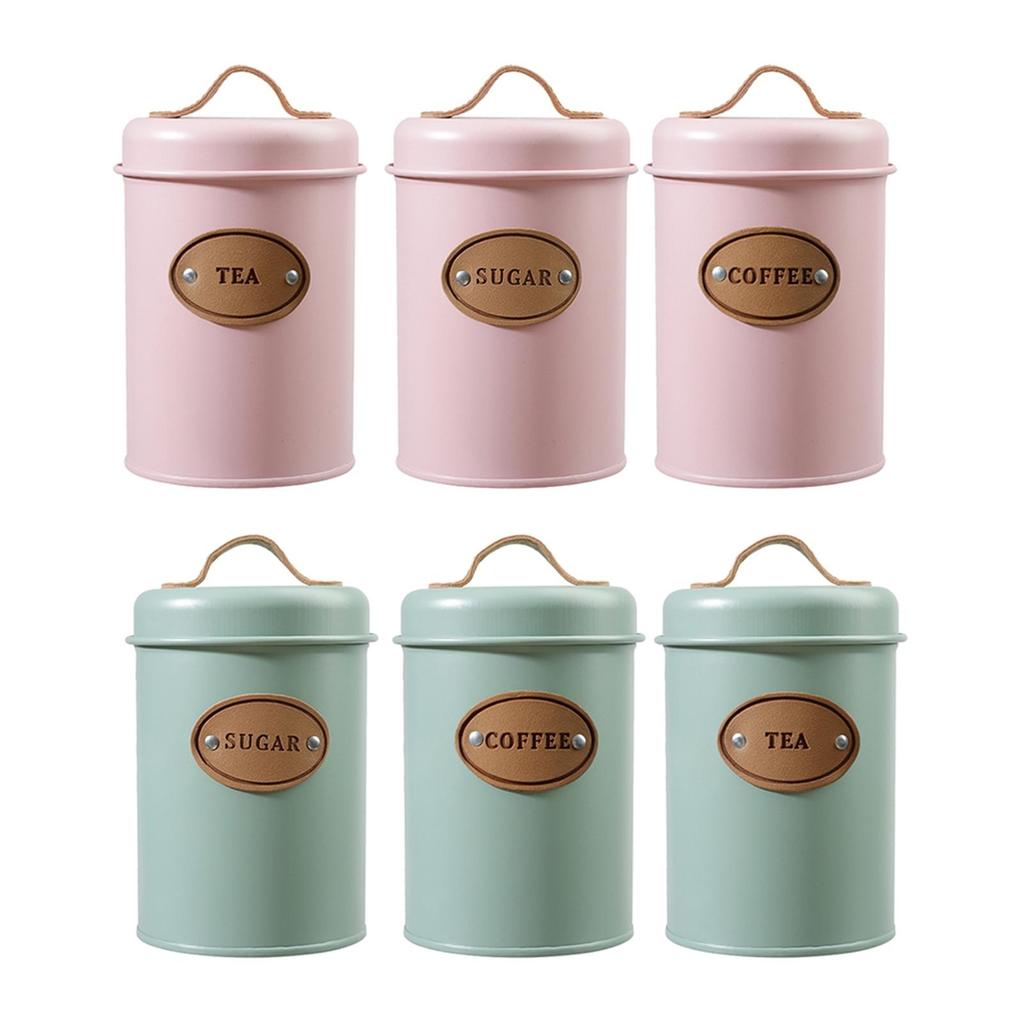 3Pcs Tea Coffee Sugar Canisters with Handle Seal Lid Can Tin Countertop