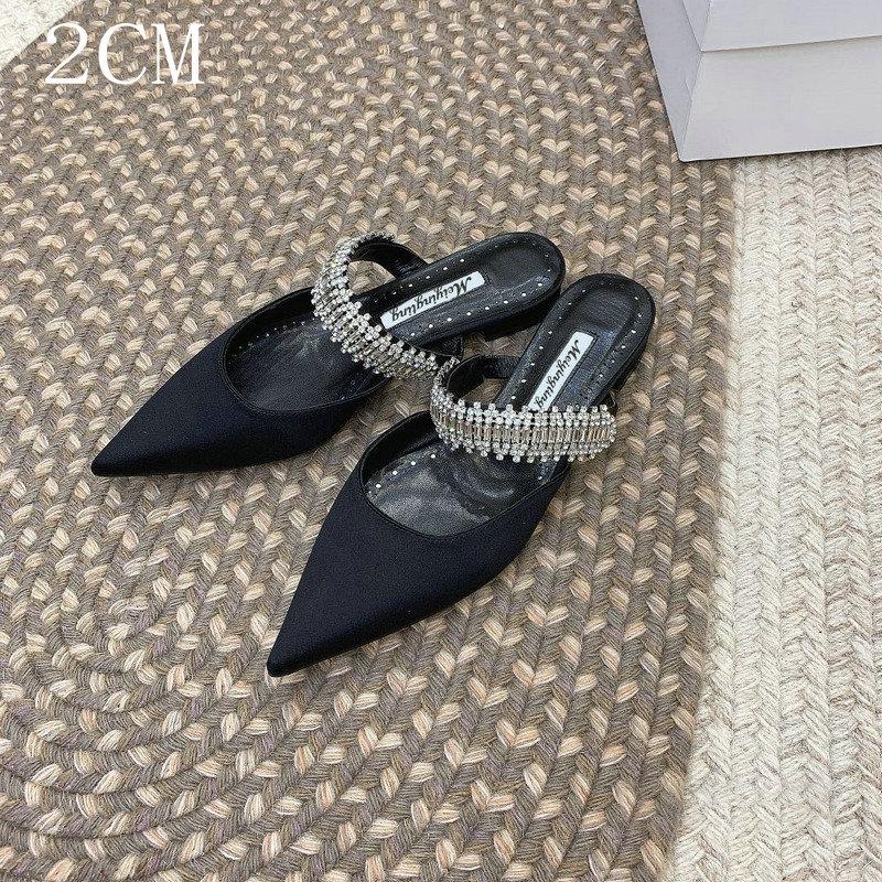 Fashion Women's High Heels Temperament Baotou Silk Rhinestones Muller Slippers Pointed Stiletto Pumps