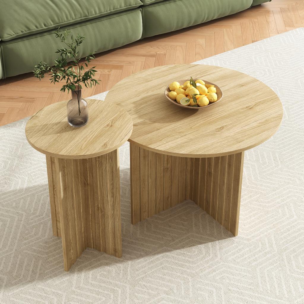 Modern 2-Piece Wood Nesting Table Set – Round Couch Tables & Coffee Tables in Scandinavian Design, Space-Saving, Sturdy MDF/PB Construction