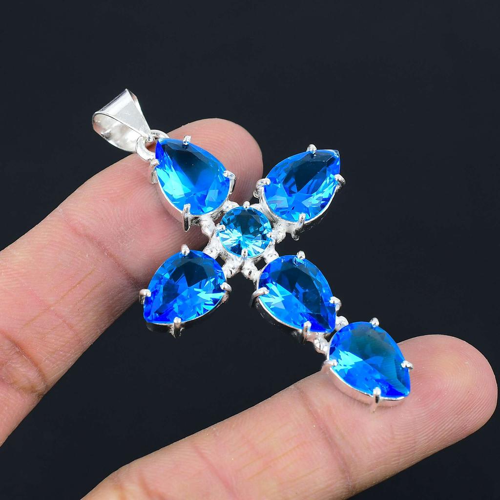 Blue Topaz Gemstone Pendant Solid 925 Sterling Silver Pendant Jewelry Gift For Unisex LG-091
