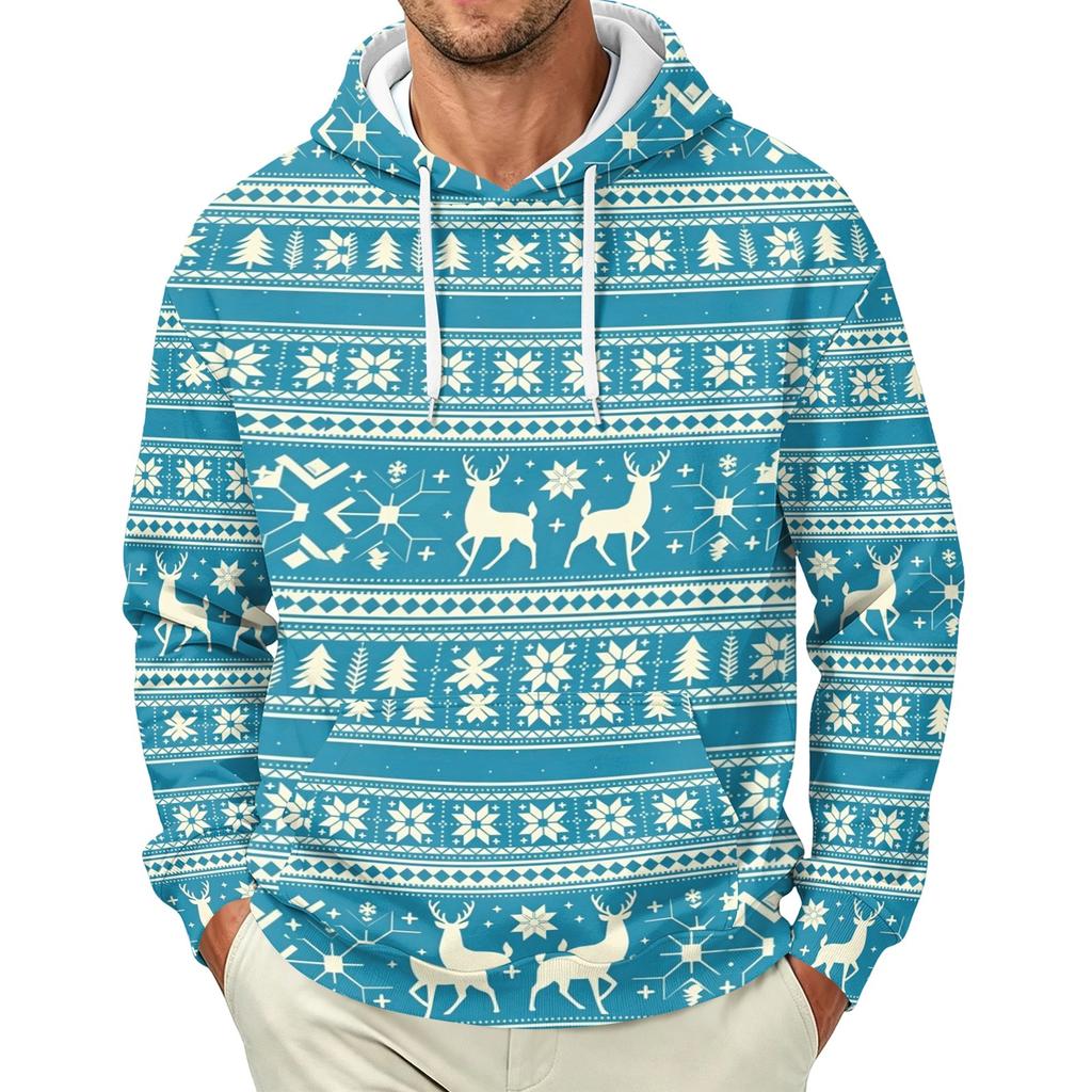 Men's Long Sleeve Christmas Print Pullover Hoodie for Holiday Party and Everyday Wear