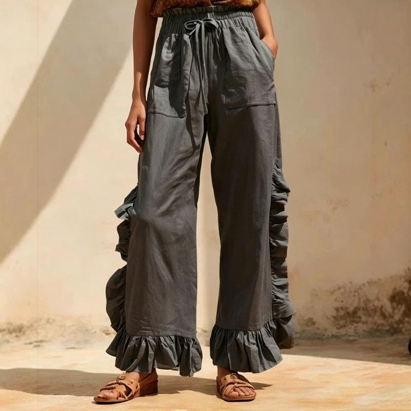 Women Fashion Ruffled Patchwork Versatile Casual Loose Wide Leg Pants