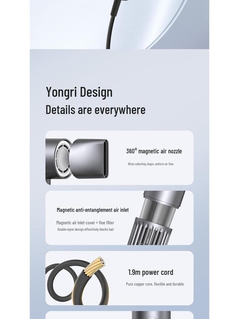 Yongri High-Speed Brushless Hair Dryer with 110,000 RPM & Negative Ion Technology, Low Noise & Quick-Drying 