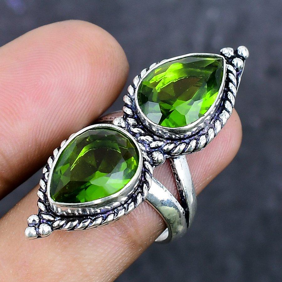 Natural Peridot Gemstone Handmade 925 Sterling Silver Jewelry Ring Size 8 ETC-13958